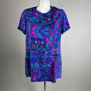 Vtg 70s Barkcloth Mini Dress Short Sleeve Hawaiian Luau Tunic Size Medium Womens